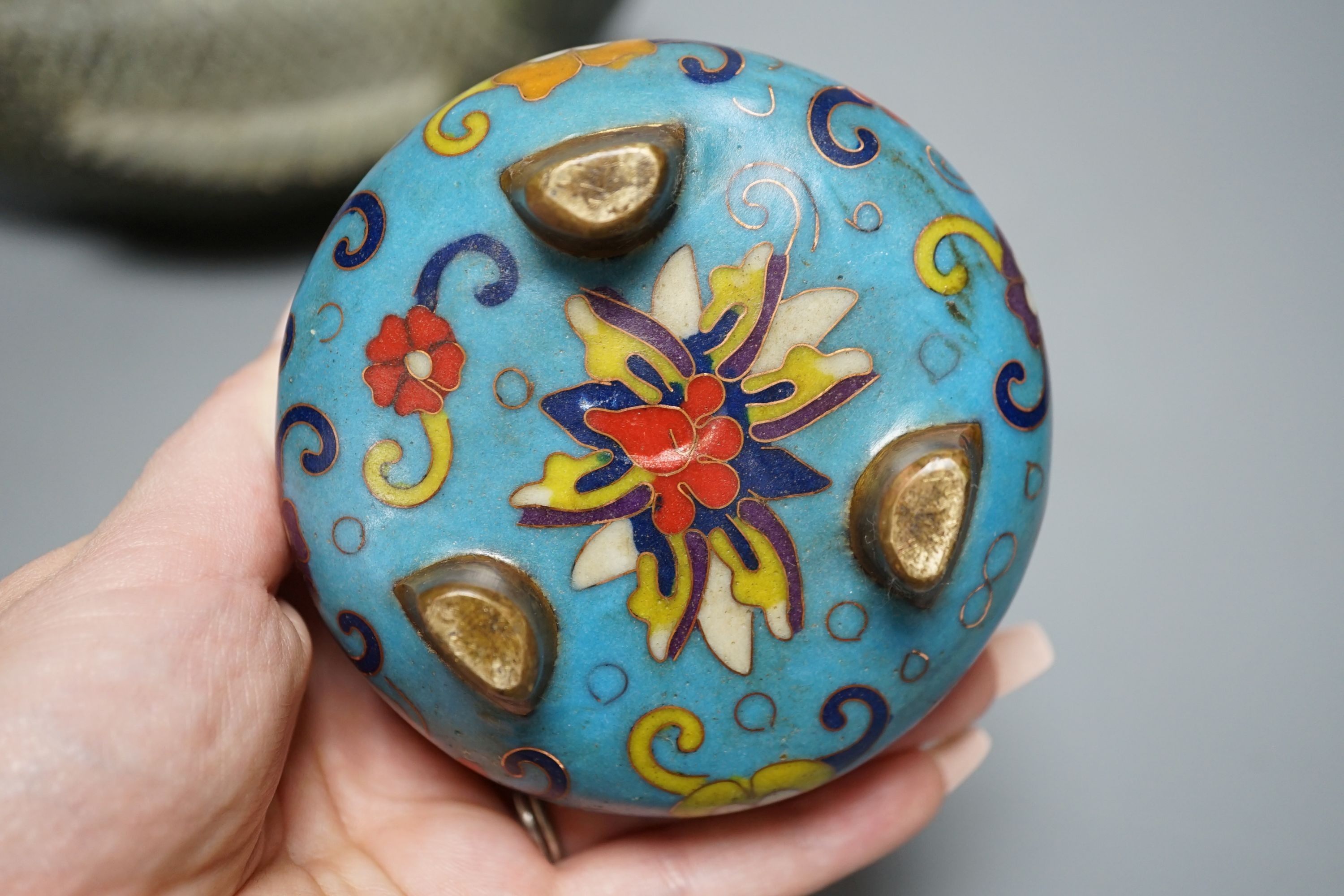 A Chinese cloisonne enamel censer and cover and a bronze fish censer 23cm